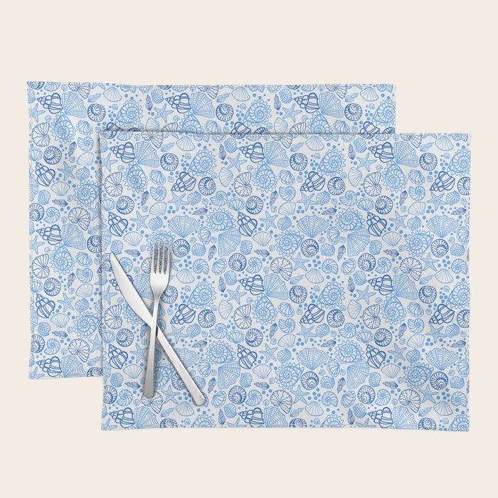 Vintage pastel Blue White Tropical Seashell Retro Boho Coastal Beach Vibe Placemat Gallery Image 1
