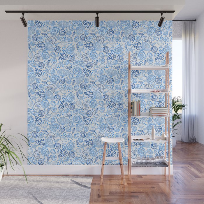 Vintage pastel Blue White Tropical Seashell Retro Boho Coastal Beach Vibe Wall Mural Gallery Image 1
