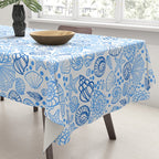 Vintage pastel Blue White Tropical Seashell Retro Boho Coastal Beach Vibe Tablecloth Gallery Image 3