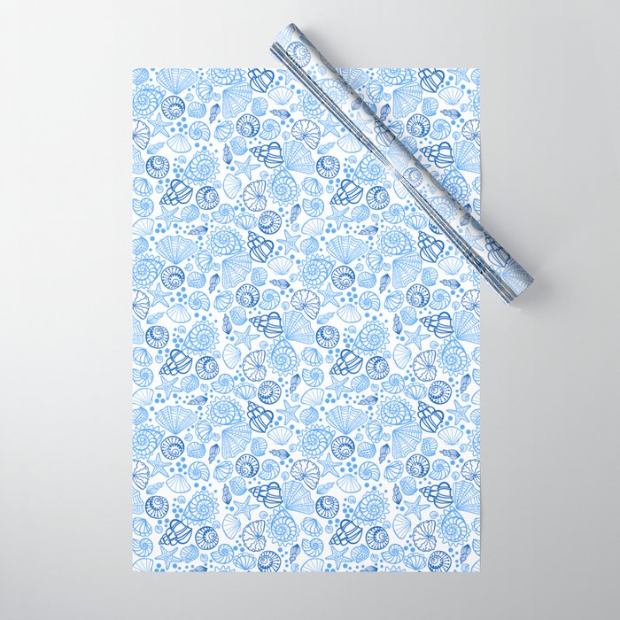 Vintage pastel Blue White Tropical Seashell Retro Boho Coastal Beach Vibe Wrapping Paper Gallery Image 1