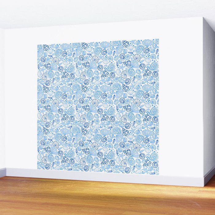 Vintage pastel Blue White Tropical Seashell Retro Boho Coastal Beach Vibe Wall Mural Gallery Image 2