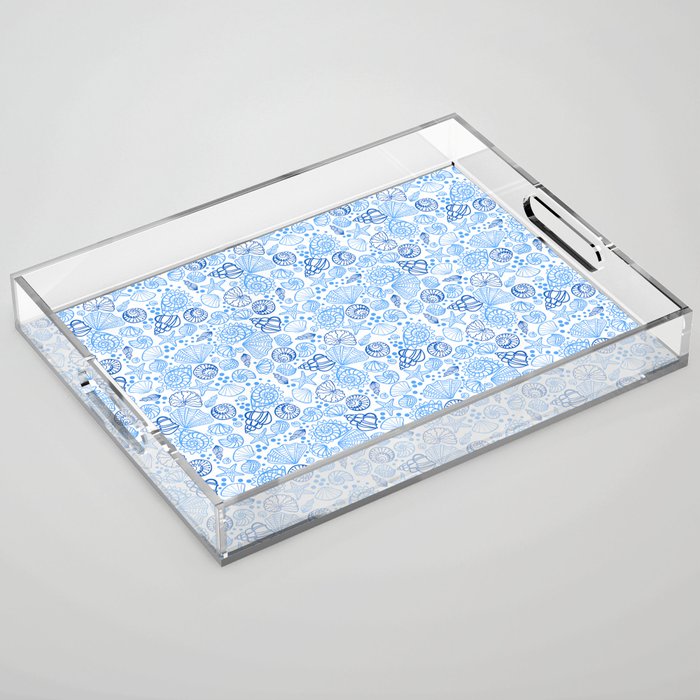 Vintage pastel Blue White Tropical Seashell Retro Boho Coastal Beach Vibe Acrylic Tray Gallery Image 1