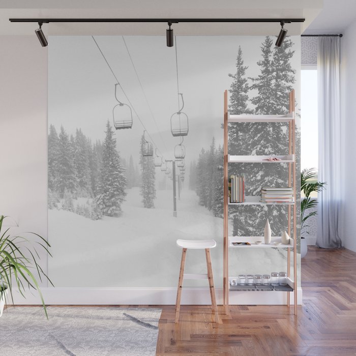Empty Chairlift // Alone on the Mountain at Copper Whiteout Conditions Foggy Snowfall Wall Mural Gallery Image 1