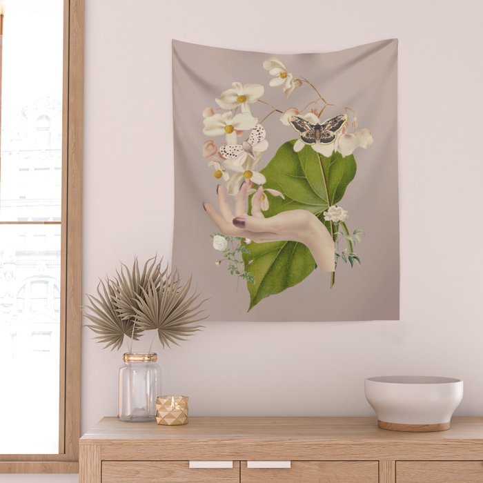 Minimal Collage/ Hand, Plants and Butterflies 8 Wall Tapestry Gallery Image 2
