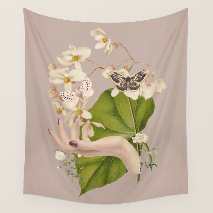 Minimal Collage/ Hand, Plants and Butterflies 8 Wall Tapestry Gallery Image 4