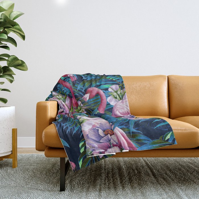 Night Forest Flamingos Throw Blanket Gallery Image 1