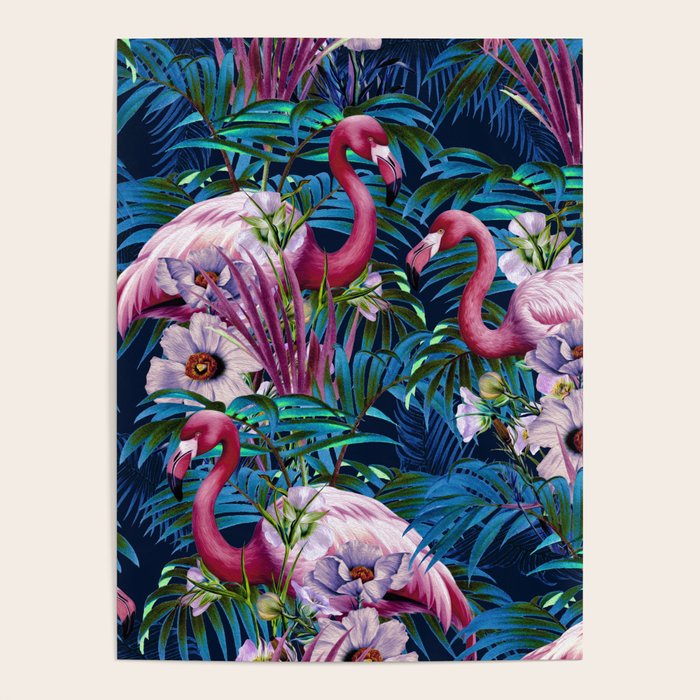 Night Forest Flamingos Poster Gallery Image 1