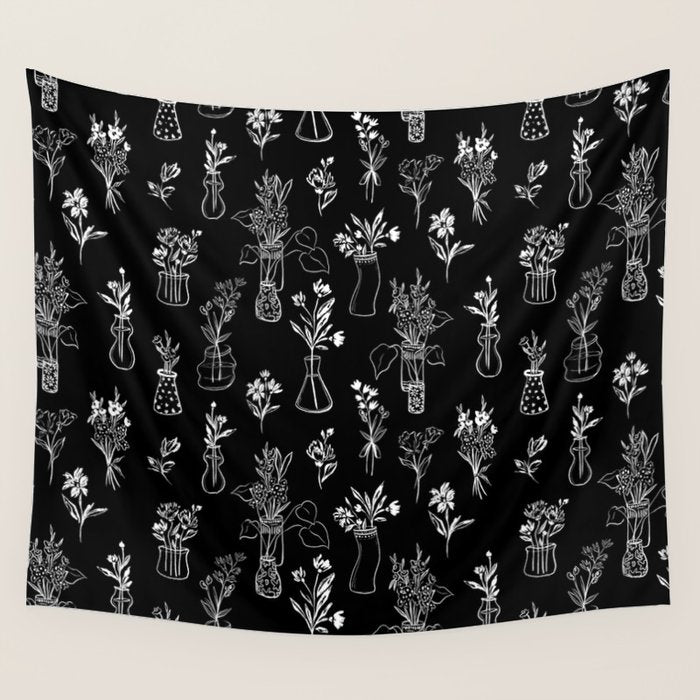 Wildflowers and vases in dark background Wall Tapestry Gallery Image 4
