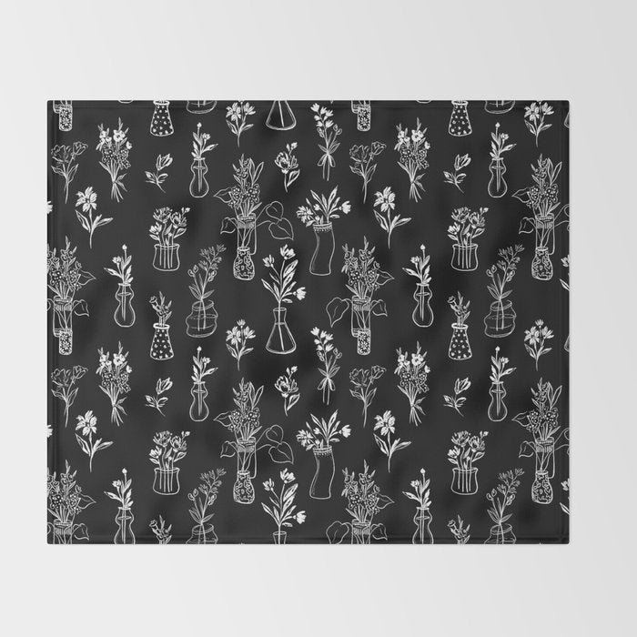 Wildflowers and vases in dark background Throw Blanket Gallery Image 2