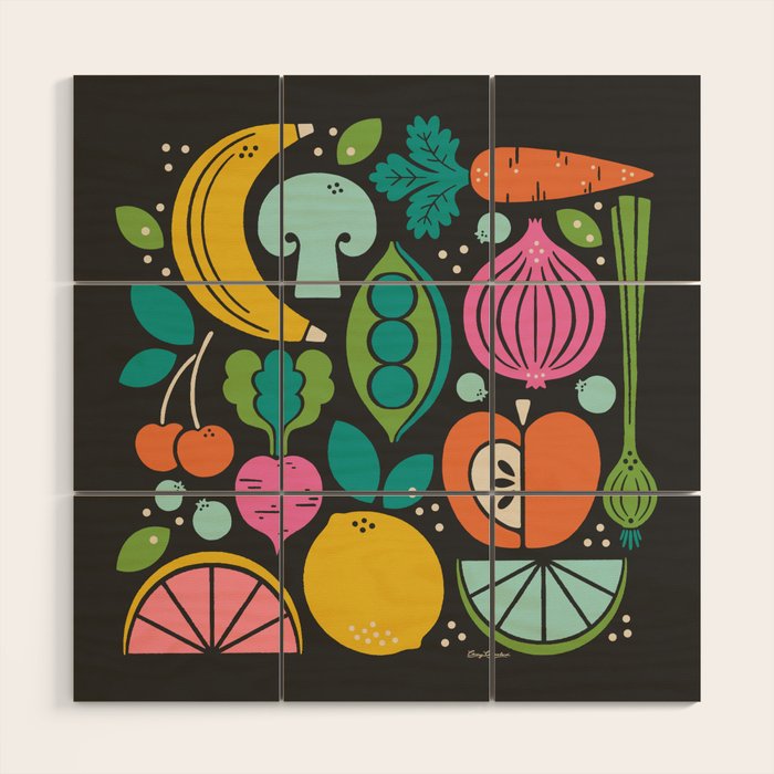 Fruit and Veggies 2025 Calendar - Muli-color on black Wood Wall Art Gallery Image 1