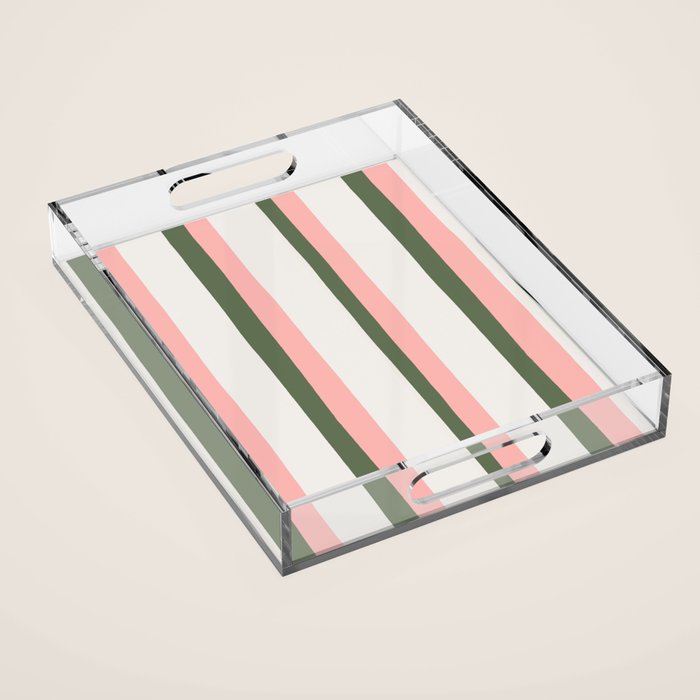 Hand Drawn Vertical Stripes Muted Green & Pink Acrylic Tray Gallery Image 1