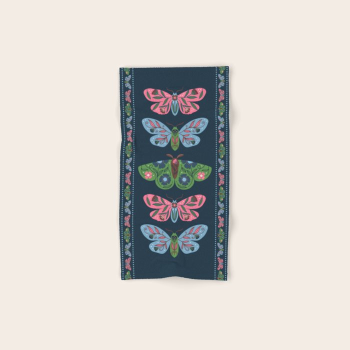 Folk Floral Moths and Butterflies Blue Bath Towel Gallery Image 1
