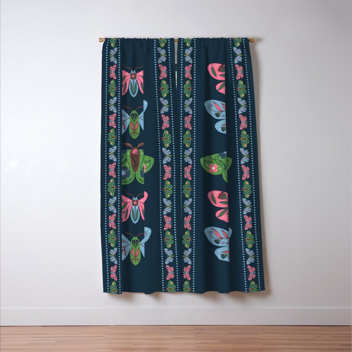 Folk Floral Moths and Butterflies Blue Window Curtain Gallery Image 3