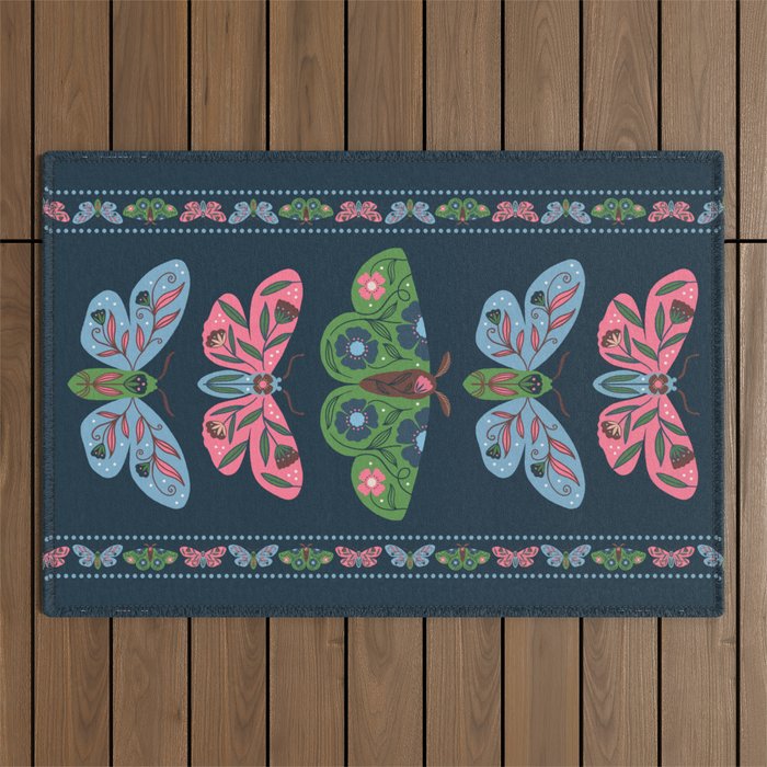 Folk Floral Moths and Butterflies Blue Outdoor Rug Gallery Image 1