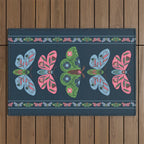 Folk Floral Moths and Butterflies Blue Outdoor Rug Gallery Image 1