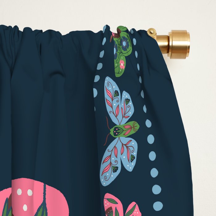 Folk Floral Moths and Butterflies Blue Window Curtain Gallery Image 2
