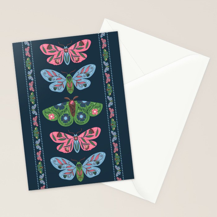 Folk Floral Moths and Butterflies Blue Stationery Card Gallery Image 2