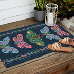 Folk Floral Moths and Butterflies Blue Outdoor Rug Gallery Image 2