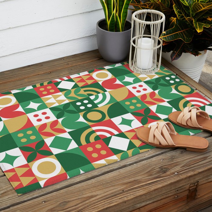 Geometric christmas holiday mosaic pattern Outdoor Rug Gallery Image 2