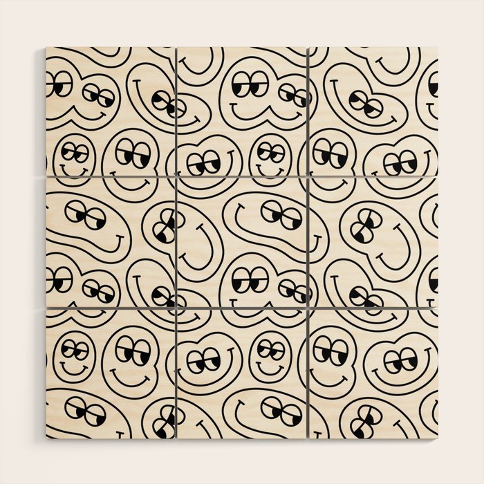 Funny happy face cartoon doodle pattern Wood Wall Art Gallery Image 1
