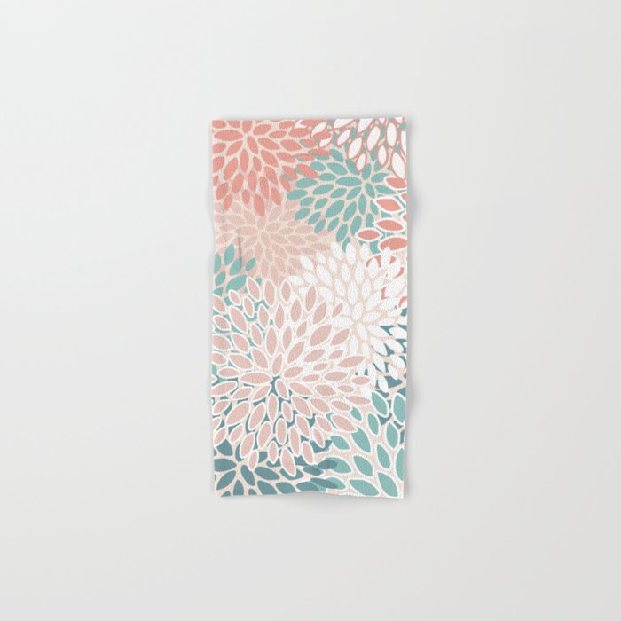 Festive, Floral Prints, Teal, Peach, Coral Hand & Bath Towel Gallery Image 1