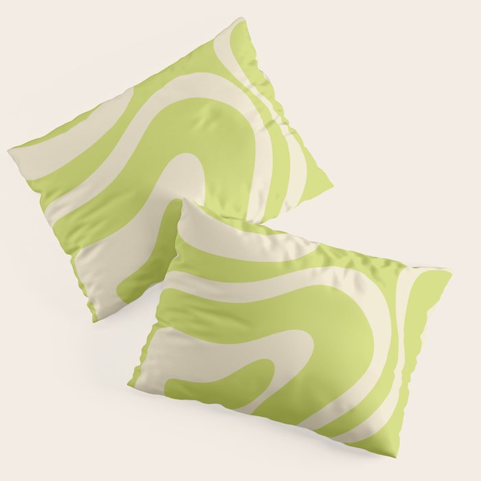 Modern Retro Liquid Swirl Abstract Pattern Vertical Light Lime Linden Green and Beige Pillow Sham Gallery Image 3