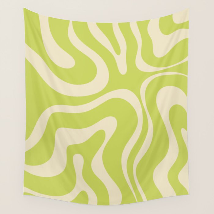Modern Retro Liquid Swirl Abstract Pattern Vertical Light Lime Linden Green and Beige Wall Tapestry Gallery Image 1