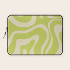 Modern Retro Liquid Swirl Abstract Pattern Vertical Light Lime Linden Green and Beige Laptop Sleeve Gallery Image 1