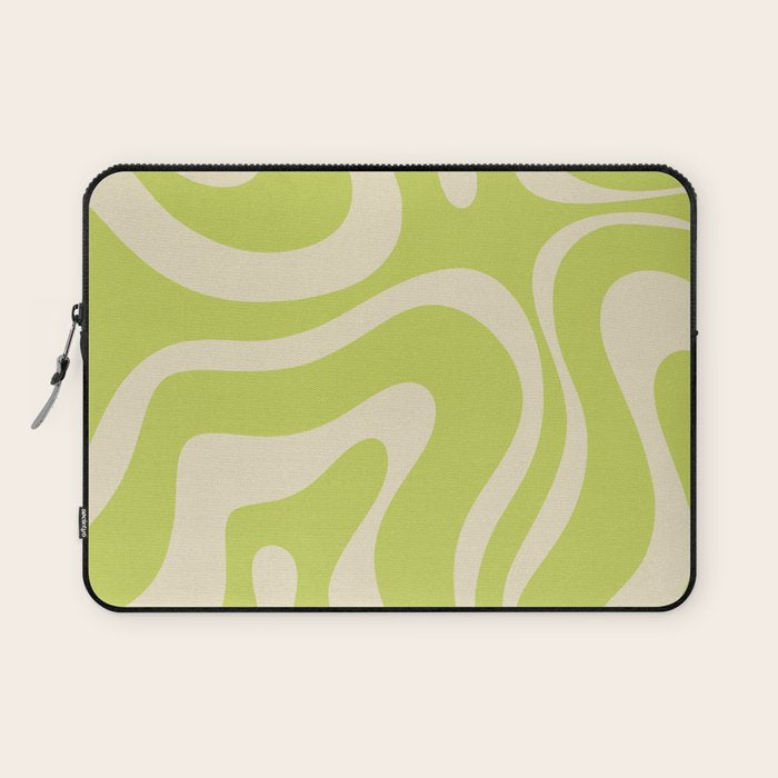 Modern Retro Liquid Swirl Abstract Pattern Vertical Light Lime Linden Green and Beige Laptop Sleeve Gallery Image 1