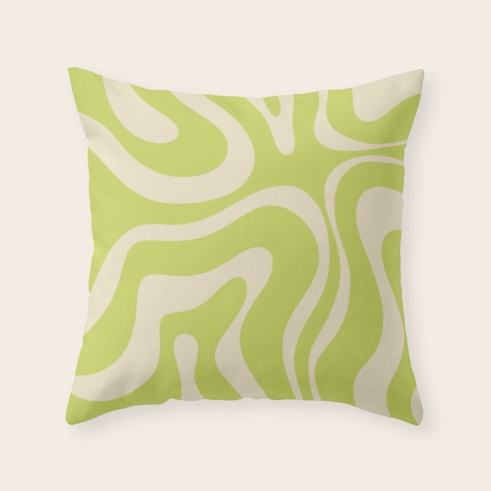 Modern Retro Liquid Swirl Abstract Pattern Vertical Light Lime Linden Green and Beige Throw Pillow Gallery Image 6