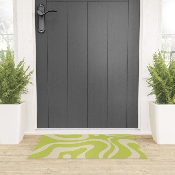 Modern Retro Liquid Swirl Abstract Pattern Vertical Light Lime Linden Green and Beige Welcome Mat Gallery Image 3