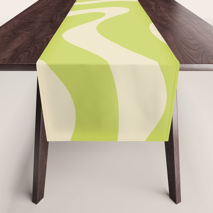 Modern Retro Liquid Swirl Abstract Pattern Vertical Light Lime Linden Green and Beige Table Runner Gallery Image 1