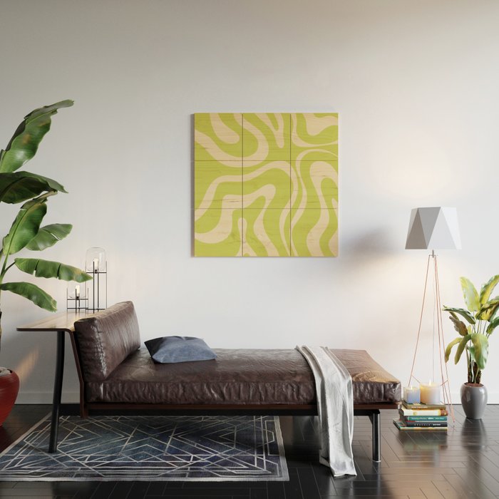 Modern Retro Liquid Swirl Abstract Pattern Vertical Light Lime Linden Green and Beige Wood Wall Art Gallery Image 2