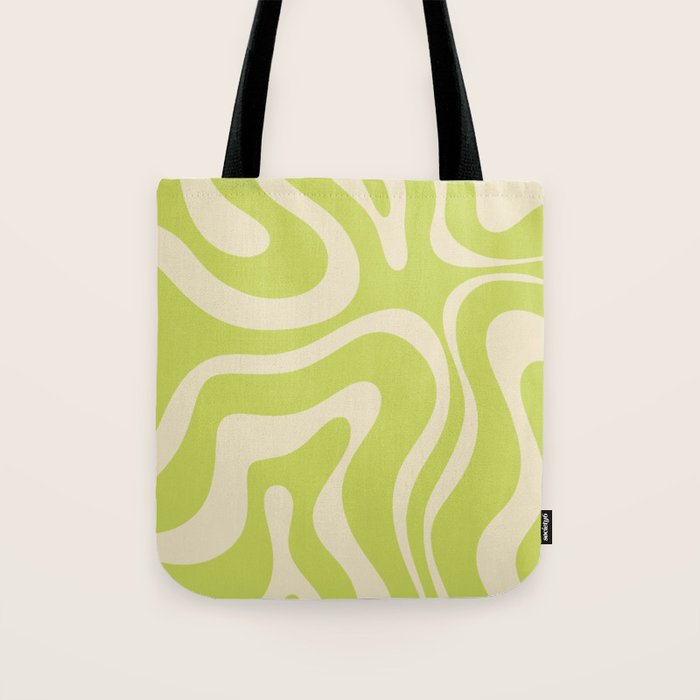 Modern Retro Liquid Swirl Abstract Pattern Vertical Light Lime Linden Green and Beige Tote Bag Gallery Image 1
