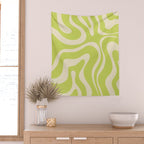Modern Retro Liquid Swirl Abstract Pattern Vertical Light Lime Linden Green and Beige Wall Tapestry Gallery Image 2