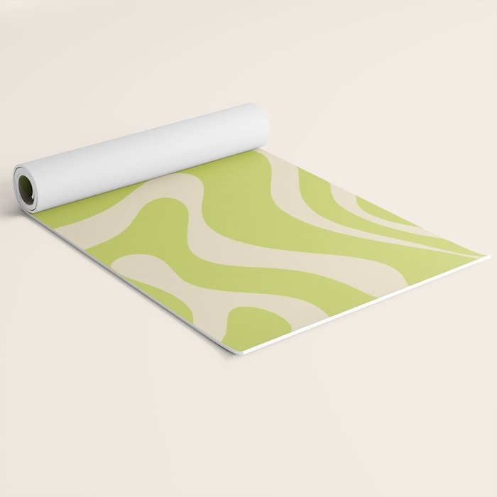 Modern Retro Liquid Swirl Abstract Pattern Vertical Light Lime Linden Green and Beige Yoga Mat Gallery Image 2