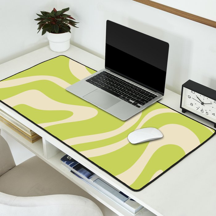 Modern Retro Liquid Swirl Abstract Pattern Vertical Light Lime Linden Green and Beige Desk Mat Gallery Image 2