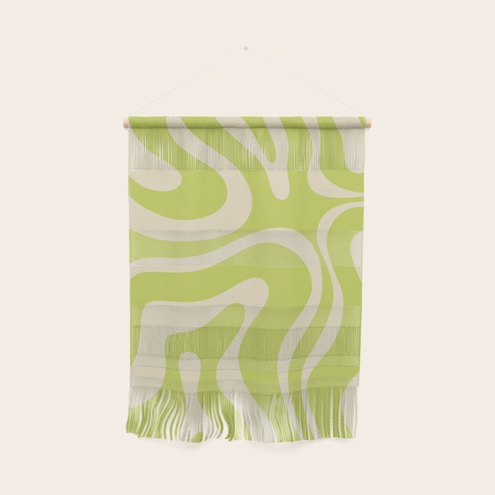 Modern Retro Liquid Swirl Abstract Pattern Vertical Light Lime Linden Green and Beige Wall Hanging Gallery Image 1