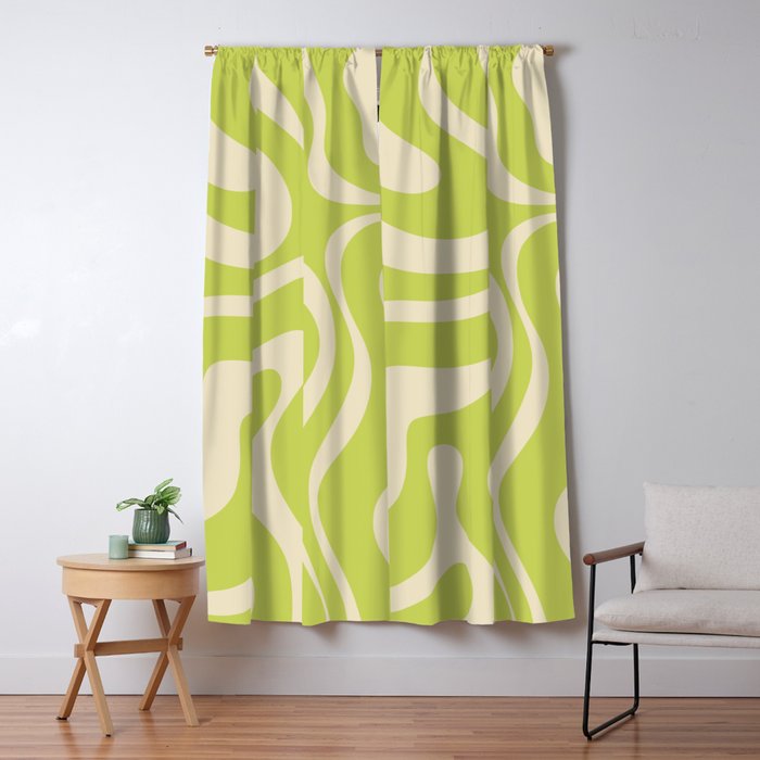 Modern Retro Liquid Swirl Abstract Pattern Vertical Light Lime Linden Green and Beige Window Curtain Gallery Image 1