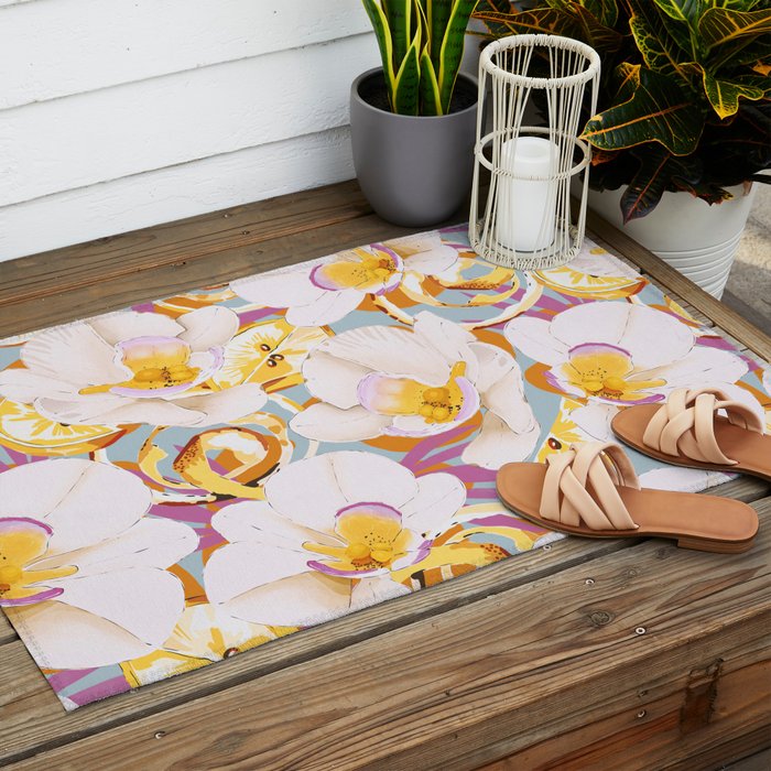 Lemons among the exotic flowers 4 Outdoor Rug Gallery Image 2