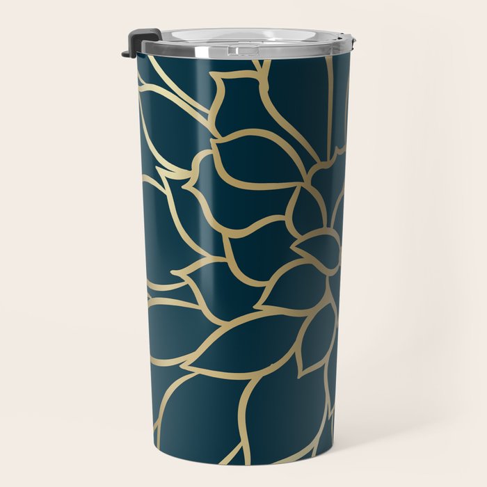 Festive, Floral Prints, Line Art, Dark Teal and Gold Travel Mug Gallery Image 3