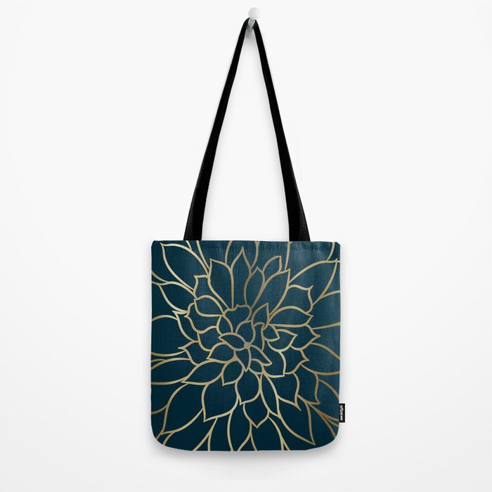 Festive, Floral Prints, Line Art, Dark Teal and Gold Tote Bag Gallery Image 2
