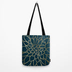 Festive, Floral Prints, Line Art, Dark Teal and Gold Tote Bag Gallery Image 2