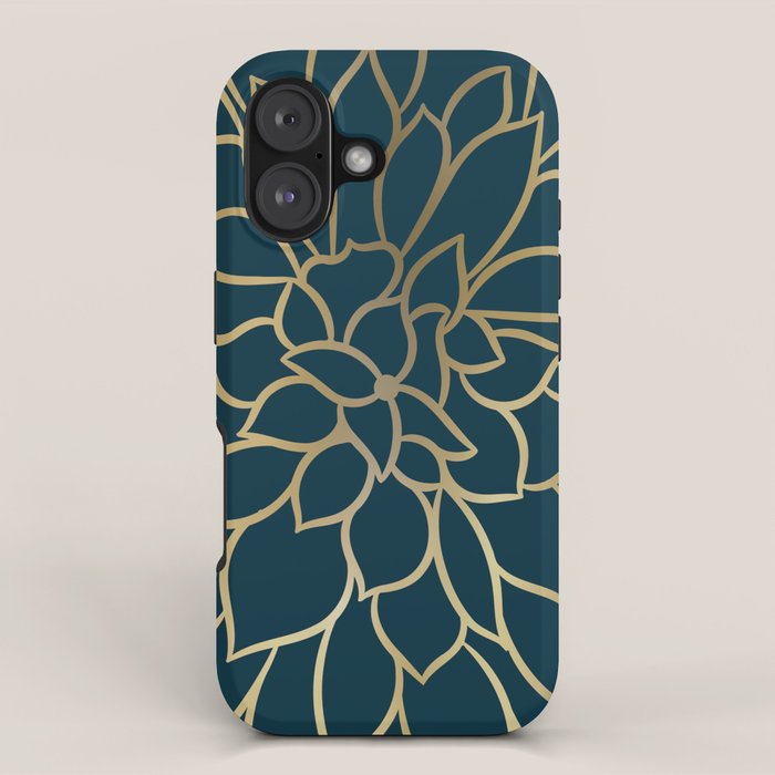 Festive, Floral Prints, Line Art, Dark Teal and Gold iPhone Case Gallery Image 1