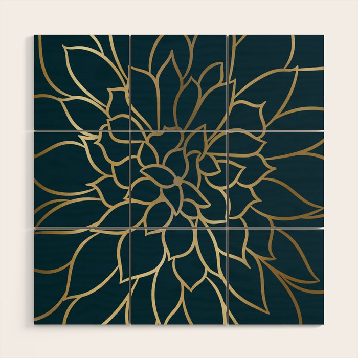 Festive, Floral Prints, Line Art, Dark Teal and Gold Wood Wall Art Gallery Image 1