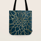 Festive, Floral Prints, Line Art, Dark Teal and Gold Tote Bag Gallery Image 1