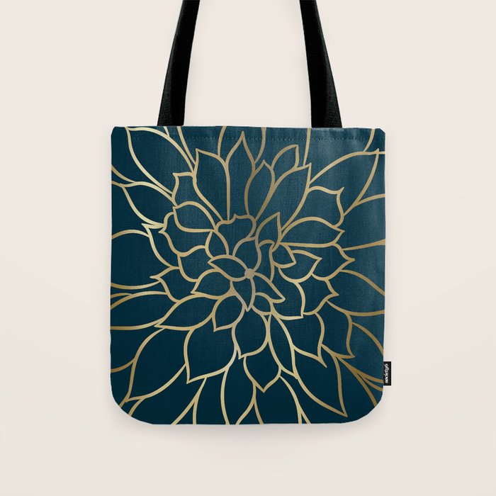 Festive, Floral Prints, Line Art, Dark Teal and Gold Tote Bag Gallery Image 1