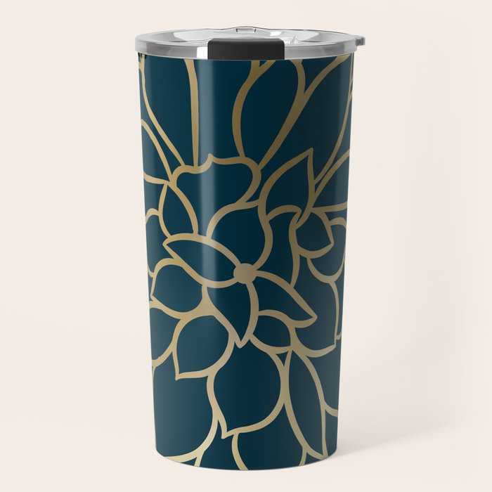 Festive, Floral Prints, Line Art, Dark Teal and Gold Travel Mug Gallery Image 1