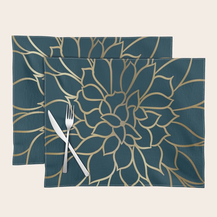 Festive, Floral Prints, Line Art, Dark Teal and Gold Placemat Gallery Image 1