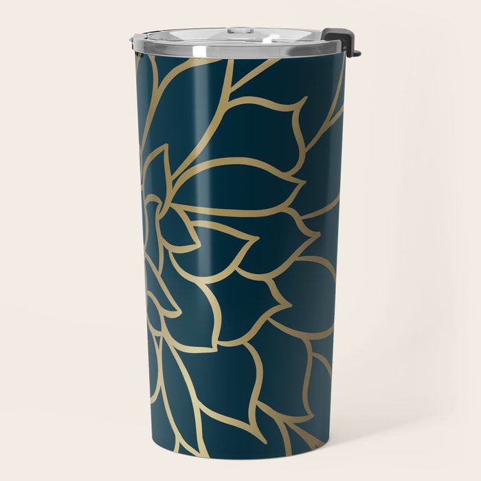 Festive, Floral Prints, Line Art, Dark Teal and Gold Travel Mug Gallery Image 2